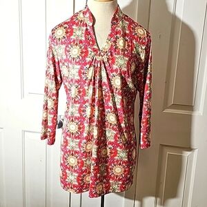 Sport Haley XL tunic top. V neck. 3/4 sleeves. Beautiful print with pink, blue.